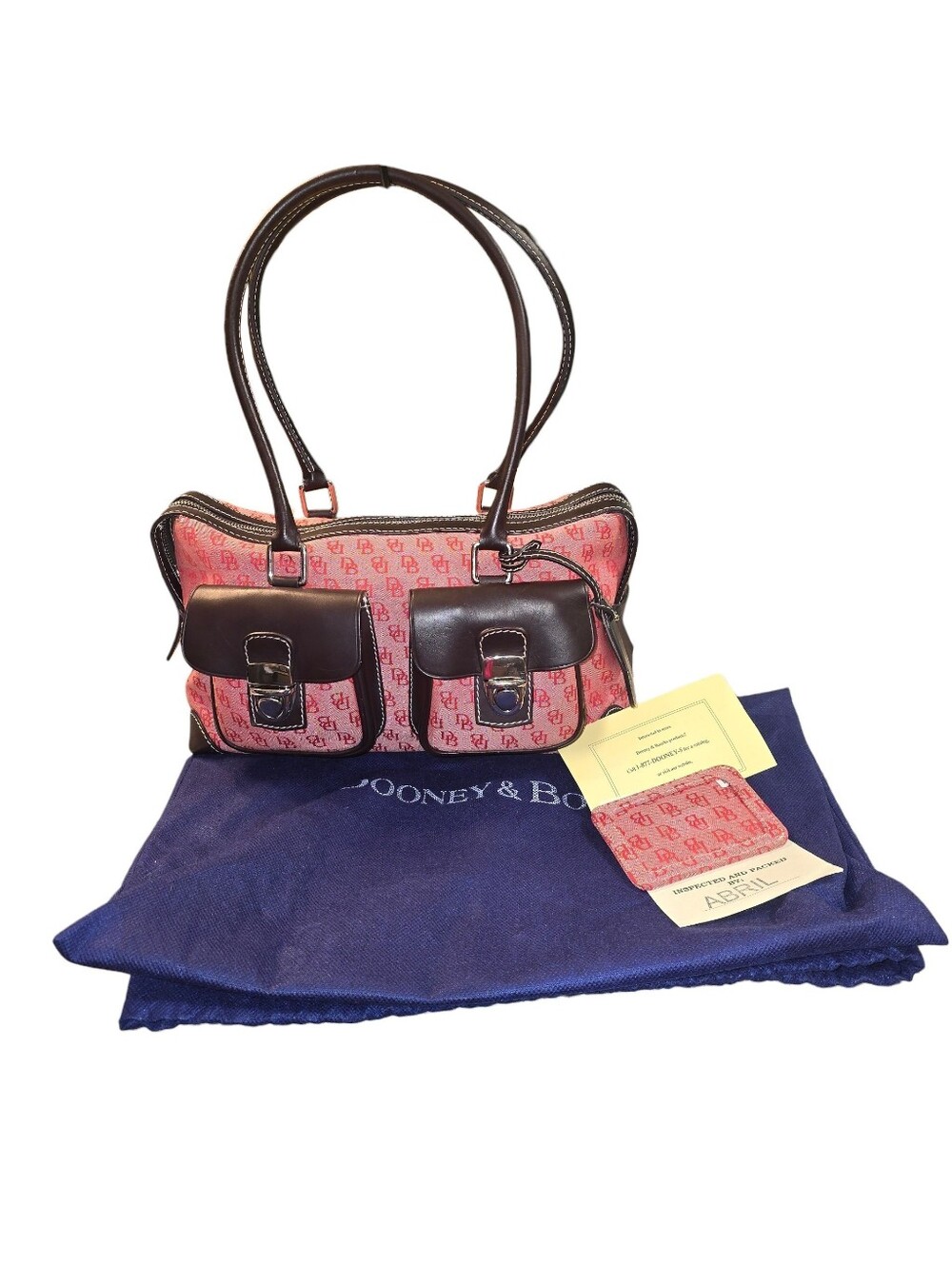 Dooney & Bourke Red Canvas Shoulder Bag with Brown Leather Trim And Card Holder